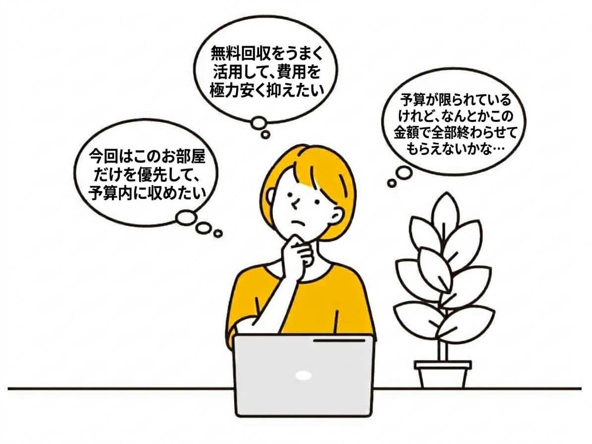 お片付けの予算や部分回収に関するお客様のお悩みイラスト